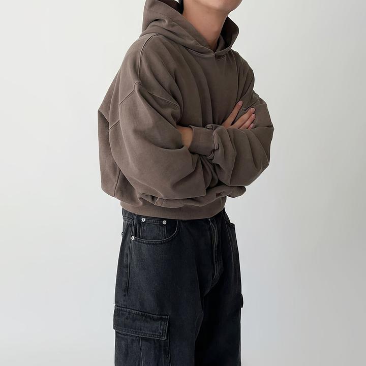 DeweLvum舒适简约连帽短款休闲运动卫衣男新款复古风重工上衣男装