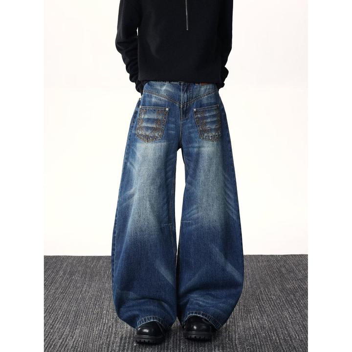 美式水洗个性刺绣弯刀牛仔裤男直筒阔腿反转口袋错位解构拖地长裤