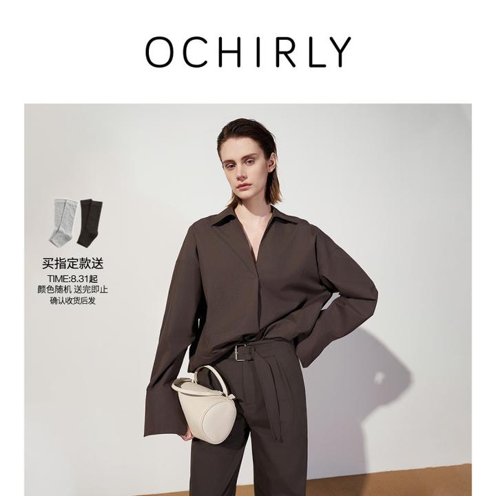 OCHIRLY欧时力纯棉V字中长款衬衫女休闲秋季商场同款流光风25新品
