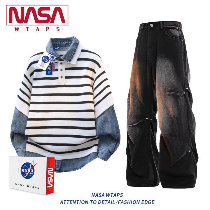 NASA WTAPS美式复古假两件牛仔拼接套装男款春秋季潮流穿搭一整套
