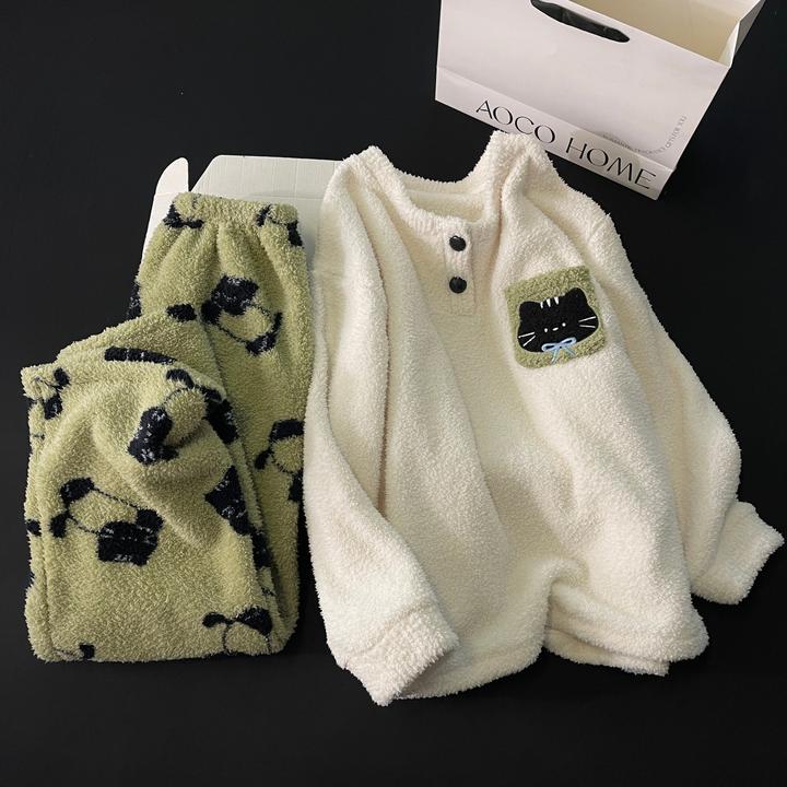 珊瑚绒睡衣女秋冬季大码加厚绿色猫仿半边绒套装可外穿冬天家居服