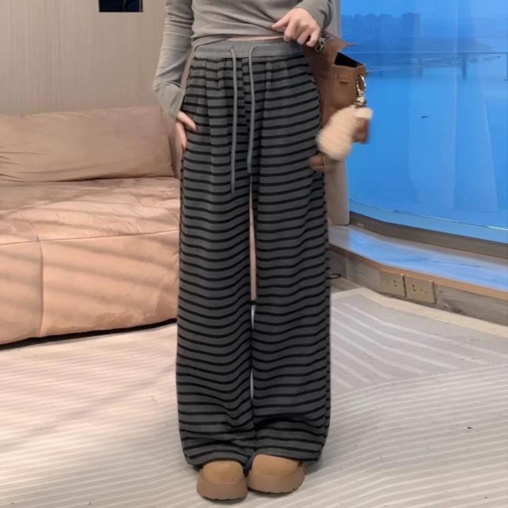 2025春季新款休闲条纹阔腿裤显瘦百搭松紧腰抽绳慵懒风休闲长裤女