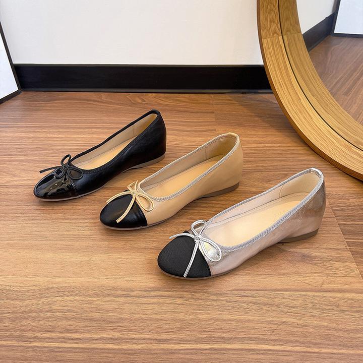 单鞋内增高拼色通勤法式低跟2025春冬四季浅口圆头拼色蝴蝶结女鞋