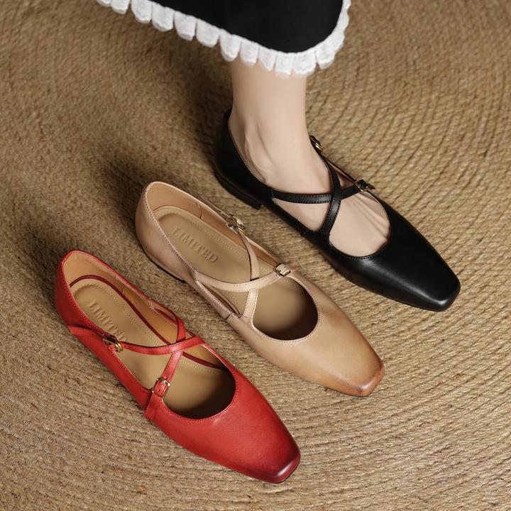 2025春秋新款真皮浅口单鞋女粗跟法式复古交叉扣带矮跟玛丽珍女鞋