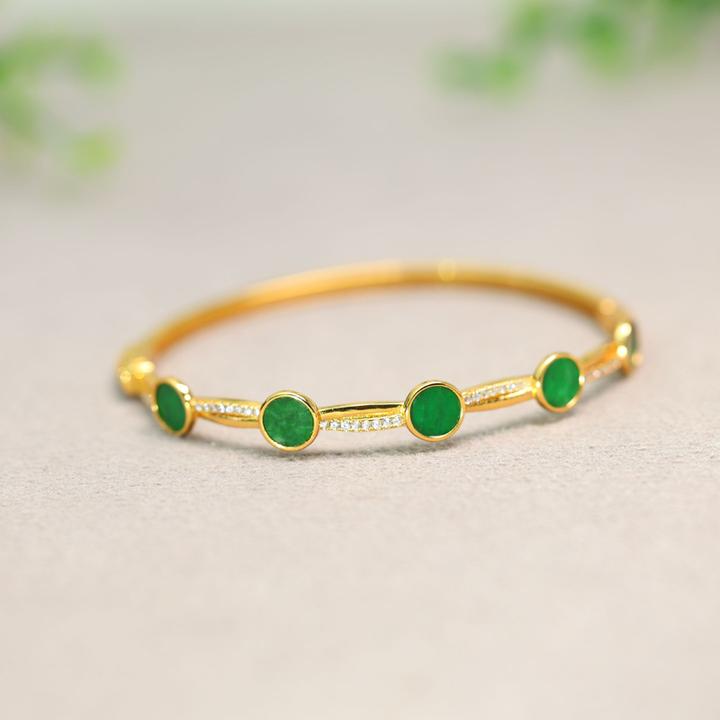 #H943 S925银镶嵌满绿翡翠群镶无事圆片手镯卡扣式贵妃镯