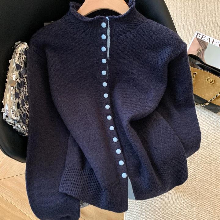 广州十三行高货爆款~独特超好看 撞色立领针织开衫内搭上衣女秋冬