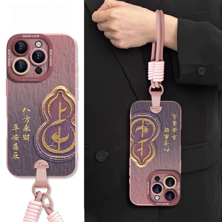 油画上上签葫芦适用苹果16promax手机壳iPhone15pro斜挎手腕挂绳p