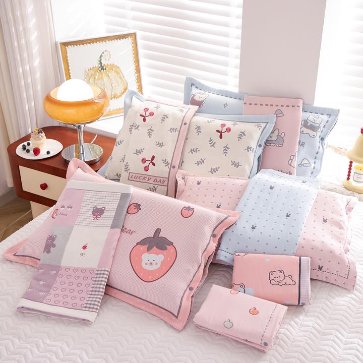 纯棉纱布枕套全棉柔软可爱卡通枕头套一对装中号防脱落枕芯内胆套