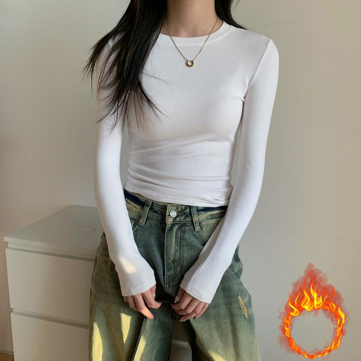 秋冬美式白色正肩小衫长袖t恤女磨毛加薄绒内搭打底修身百搭上衣