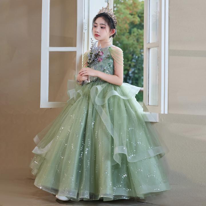 儿童绿色晚礼服女童绝美公主裙少儿高端主持人女孩钢琴演奏演出服