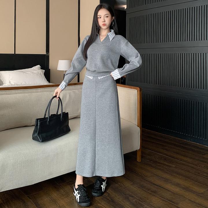 高级感时尚假两件条纹拼接卫衣套装女气质显瘦一步裙半身裙两件套
