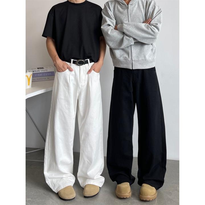 白色水洗弯刀牛仔裤男春秋款美式时尚潮牌宽松直筒阔腿拖地裤子