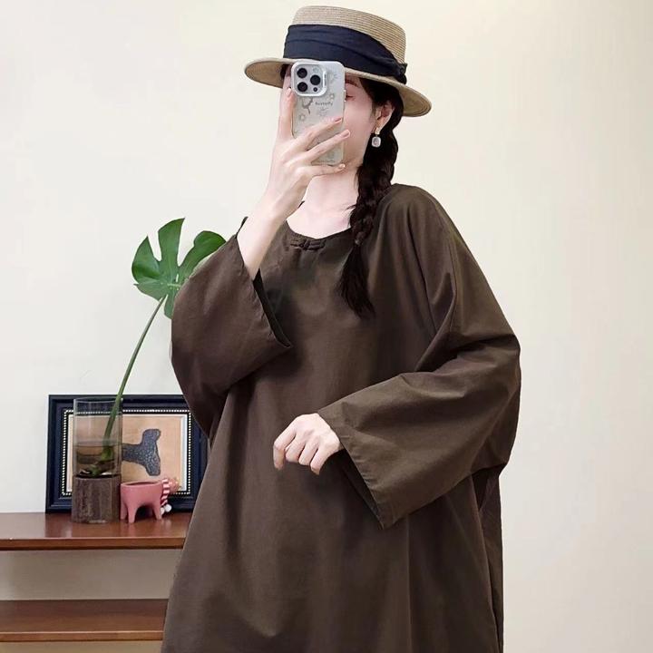 国风盘扣T恤ins套头森系宽松大码女装秋季长袖