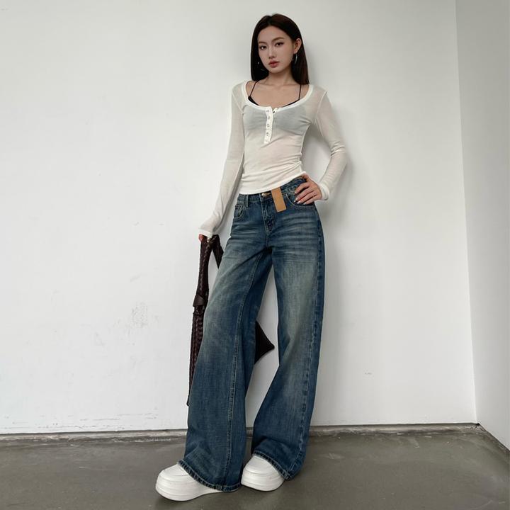 蓝色秋冬复古水洗阔腿牛仔裤女宽松显瘦直筒裤休闲裤拖地裤百搭