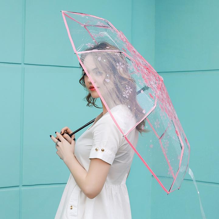 高颜值高质量全自动折叠透明樱花拱形长柄雨伞小厂家直销
