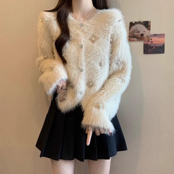 法式钉珠针织开衫毛衣外套女春新款大码胖mm小香风名媛上衣短款