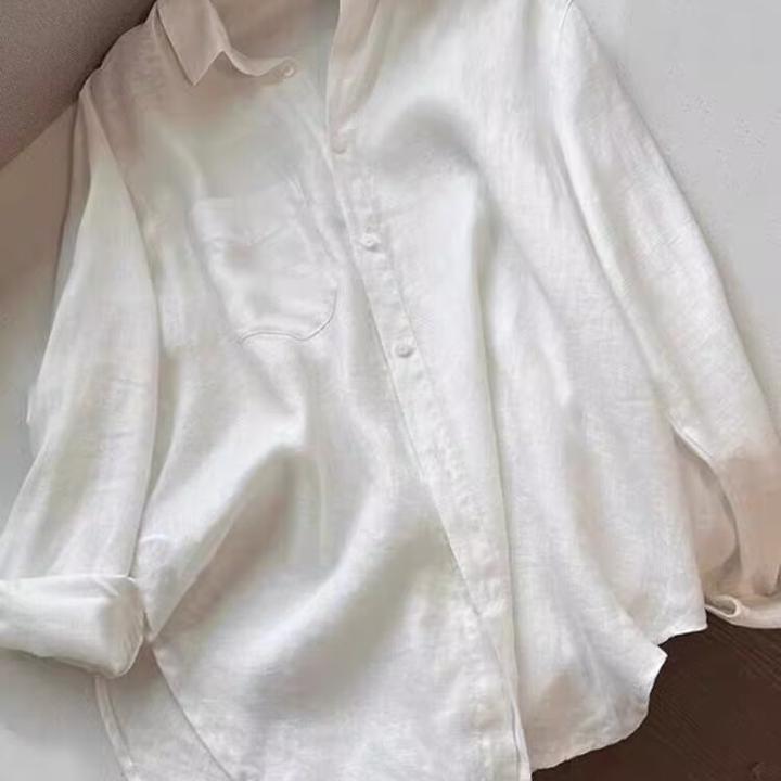 亚麻老钱风衬衫女秋季时尚新款薄款宽松显瘦高端亚麻衬衣长袖上衣