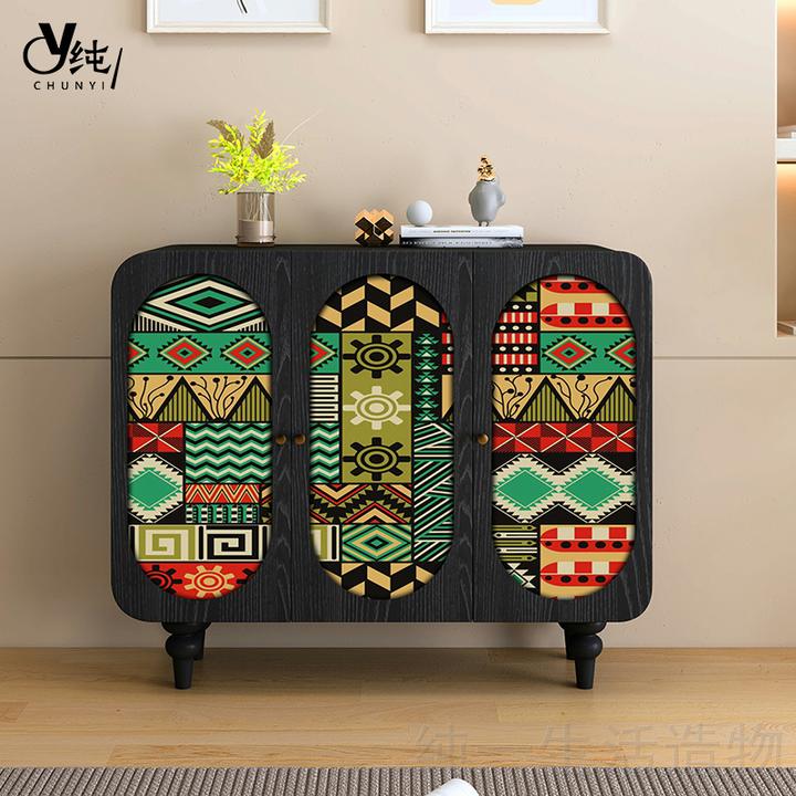 抽象复古风实木餐边定制彩绘碗柜艺术玄关餐厅客厅厨房储物柜靠墙