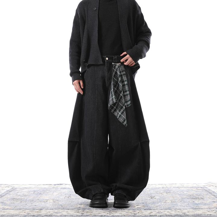 MONOLOGE美式复古baggy工装阔腿裤捏褶拼色牛仔裤宽松休闲长裤男