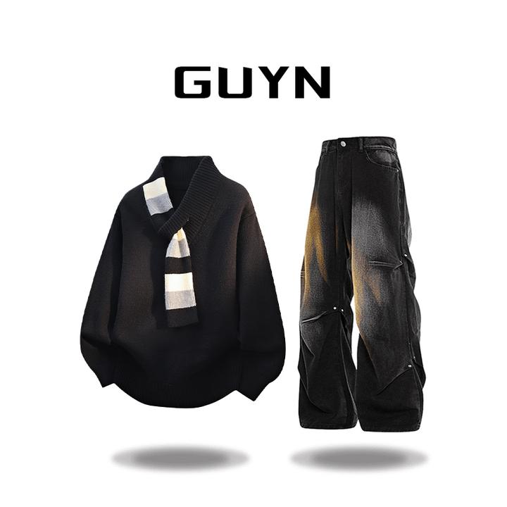 【品牌正品现货】GUYN小众设计感毛衣男秋冬v领加厚针织衫痞帅男