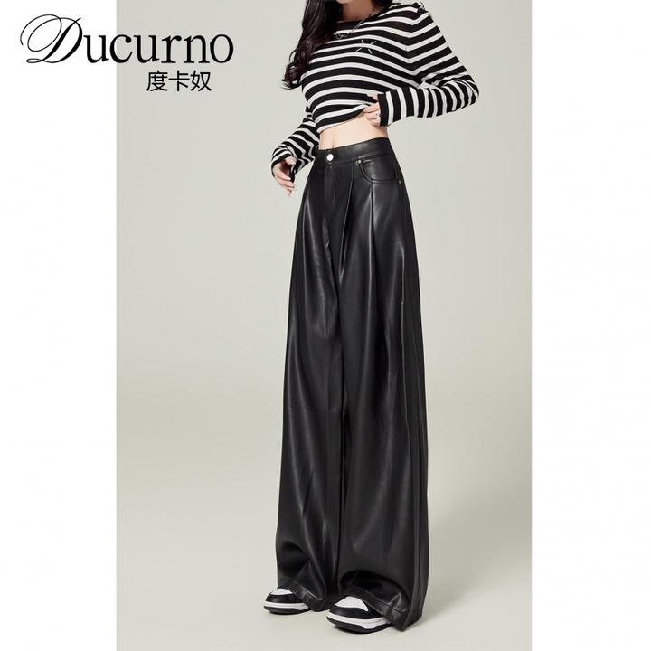 黑色皮裤2025年秋冬新款高腰宽松直筒式修身阔腿裤下垂及地潮女款