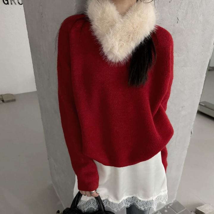 秋冬新款韩系慵懒风长毛兔毛宽松带毛毛领圆领针织套头衫女3986-2