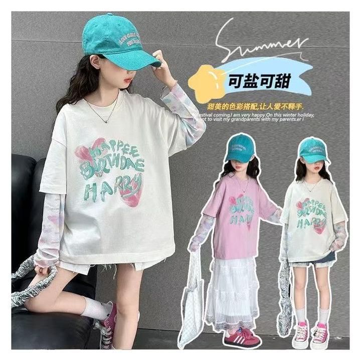 女童短袖t恤夏装中大童洋气超好看假两件设计感小众防晒袖上衣潮