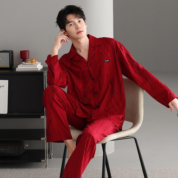 芬腾可安青少年睡衣春秋季红色本命年长袖男士莱卡纯棉家居服大码