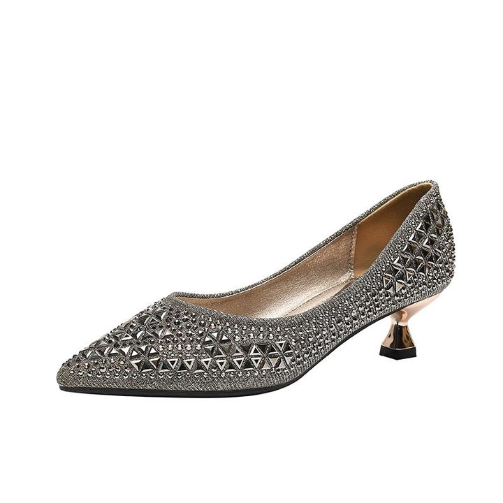 橡胶粗跟豆豆鞋水晶中跟船鞋单鞋仙女风名媛浅口蝴蝶结亮钻尖头女