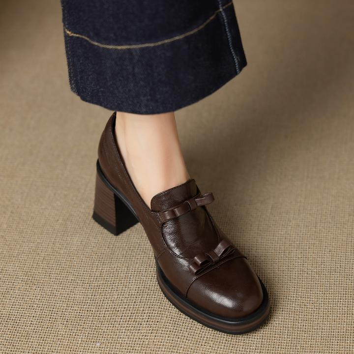 小个子手工女鞋7.5cm~静音圆头高跟单鞋蝴蝶结简约显高通勤乐福鞋