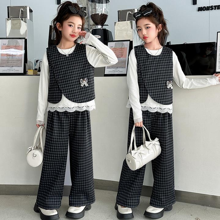 女童套装2025春秋新款女大童洋气女孩时髦复古格子马甲裤子三件套