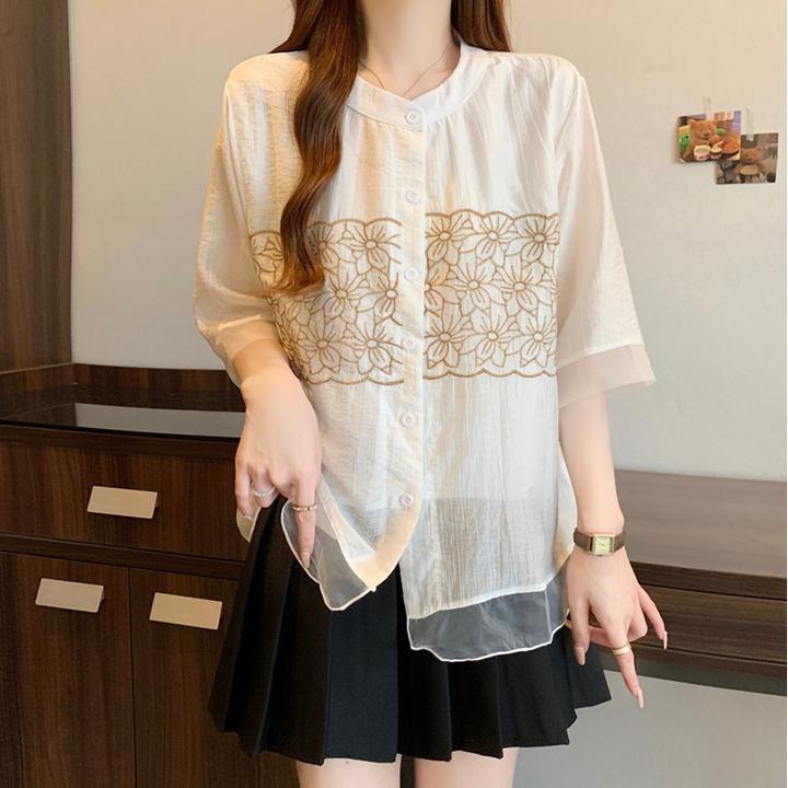 大码花朵刺绣纯色雪纺短袖衬衫女夏季新款胖m荷叶边下摆娃娃衫上