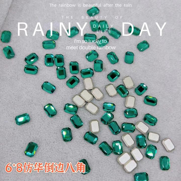 美甲钻祖母绿墨绿6*8倒边仿华平底八角冰糖玻璃钻指尖平底钻饰