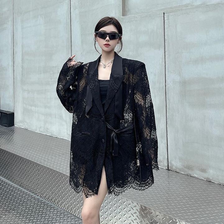 小众设计镂空蕾丝拼接西装外套女夏季薄款气质宽松绑带防晒西服