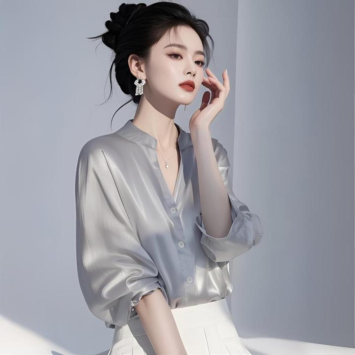HS7255高级感轻熟七分袖缎面衬衫夏季V领单排扣宽松洋气名媛上衣