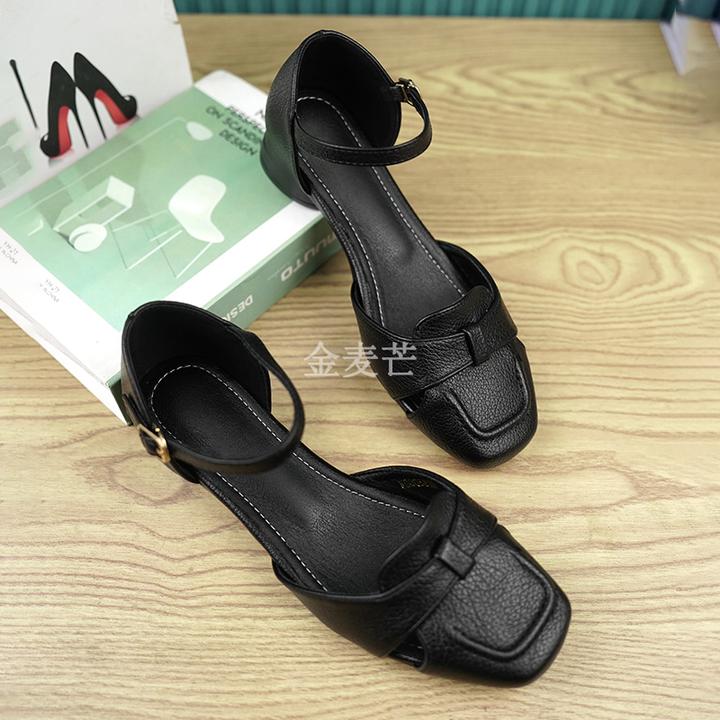 3cm/羊皮/法式简约时尚夏季新款包头凉鞋女粗跟百搭女鞋
