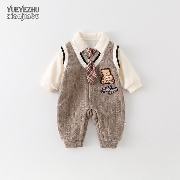 男宝宝秋装薄绒外出连体衣婴儿衣服深秋加绒帅气假两件哈衣外出穿