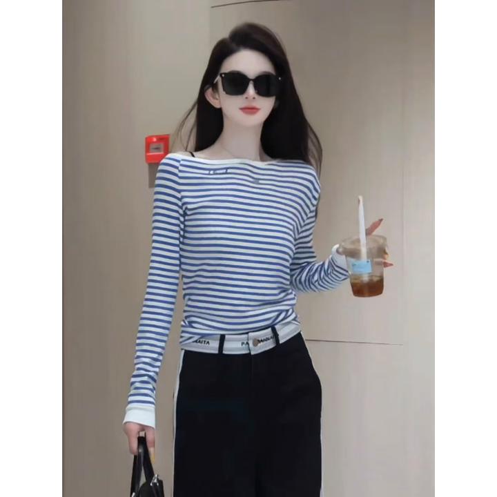 韩版蓝色条纹拼色斜肩长袖t恤女2025春季高级感百搭修身显瘦上衣