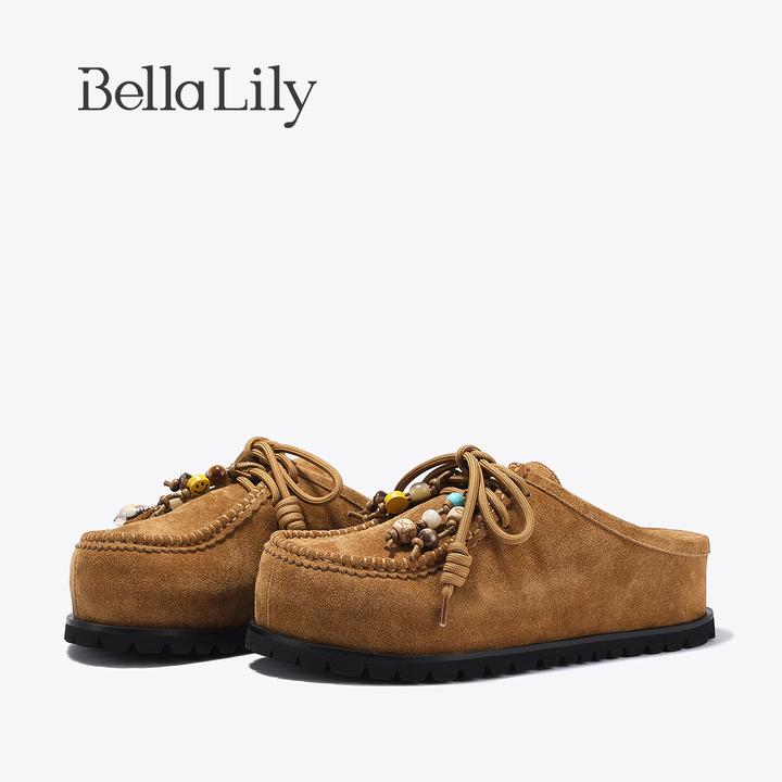 BellaLily2025秋季新款串珠牛皮勃肯鞋女一脚蹬包头半拖鞋袋鼠鞋