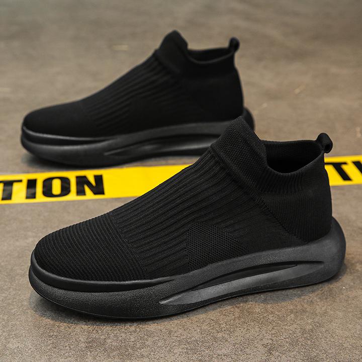 男鞋2024新款网面透气厚底运动男士一脚蹬轻便软底黑色袜子鞋