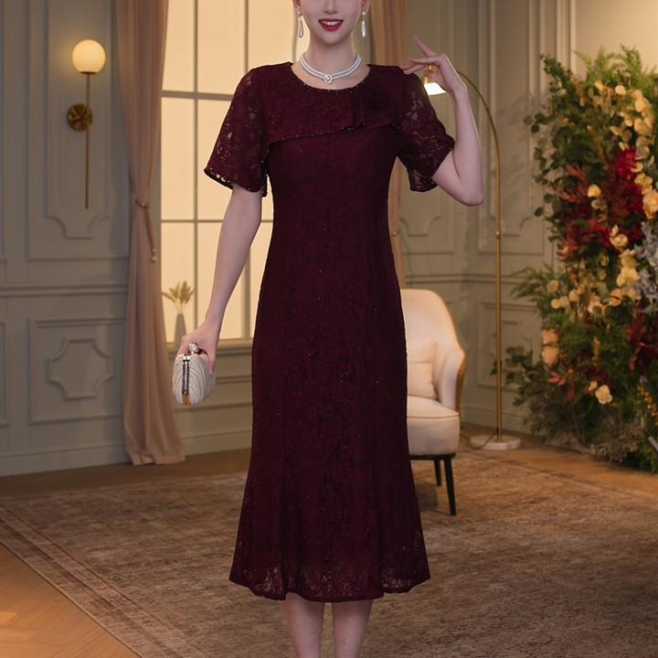 【香妮芬】83285新款安可拉红酒红蕾丝连衣裙短袖长裙喜秋冬连衣裙