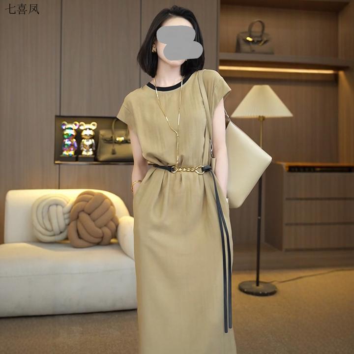 新款夏季宽松显瘦高级感法式气质奶咖色连衣裙女装