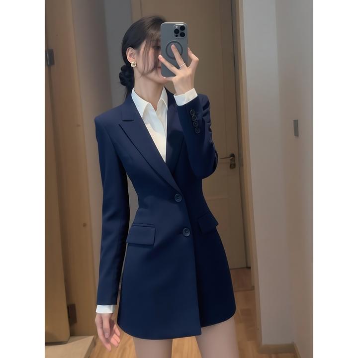 秋季流行气质女神范高级感正式场合端庄大方得体藏蓝色西装连衣裙