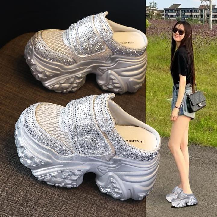 松糕厚底小个子内增高9CM包头半拖鞋女外穿夏季网面透气凉拖鞋潮