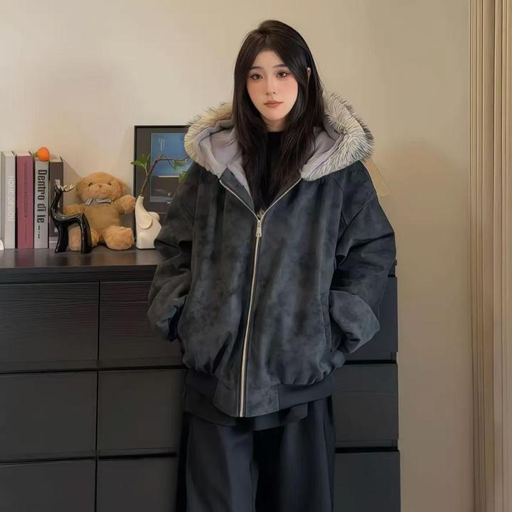 2025冬装新款情侣装连帽座山雕pu皮加绒加棉皮毛大毛领棉衣外套潮