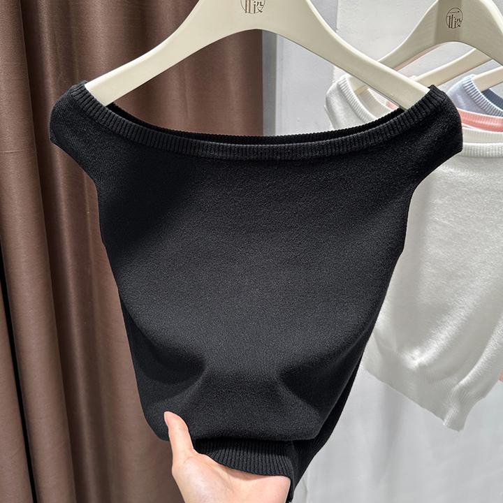 纯欲黑色一字领针织无袖T恤背心女新款美式辣妹露肩百搭时尚上衣