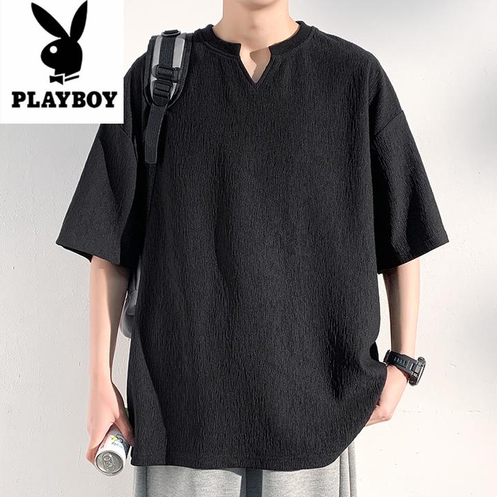 花花公子夏季休闲V领纹理感宽松薄款纯色短袖T恤男休闲打底上衣