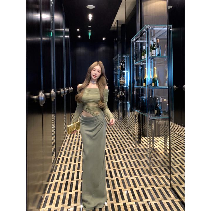 辣妹性感气质网纱露腰连衣裙一字肩小众设计微透长裙