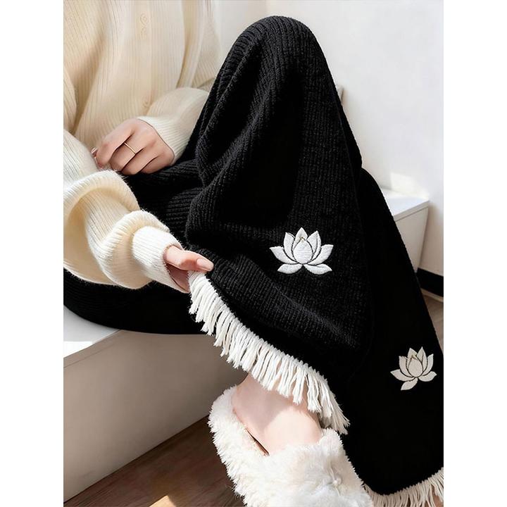 新中式国风黑色莲花刺绣流苏阔腿裤女2026新款秋冬直筒垂感针织裤