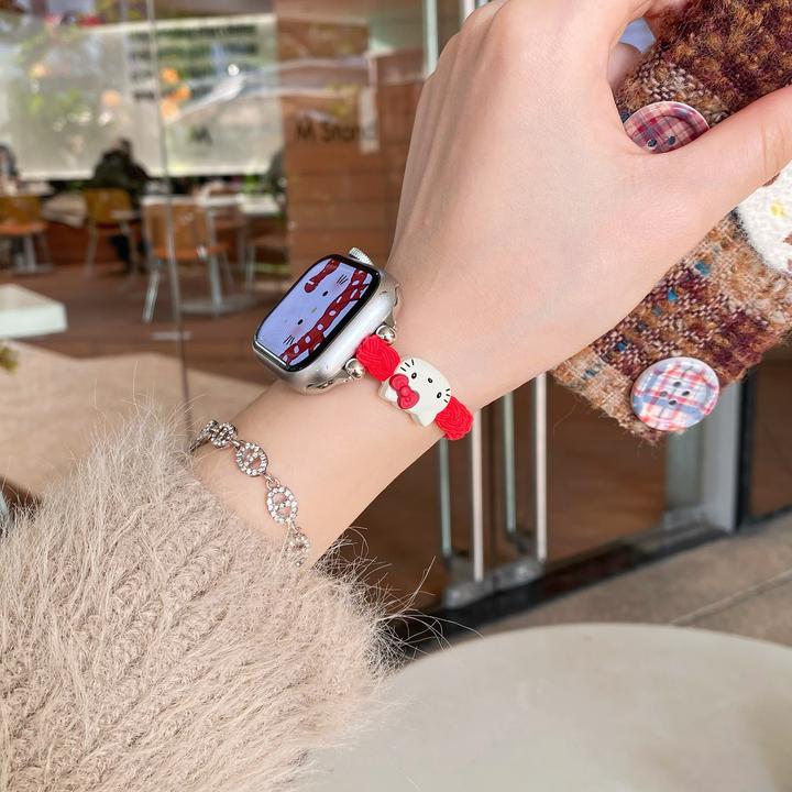 适用苹果S10手表applewatchS9表带可爱S8弹力绳7女卡通KT猫编织SE